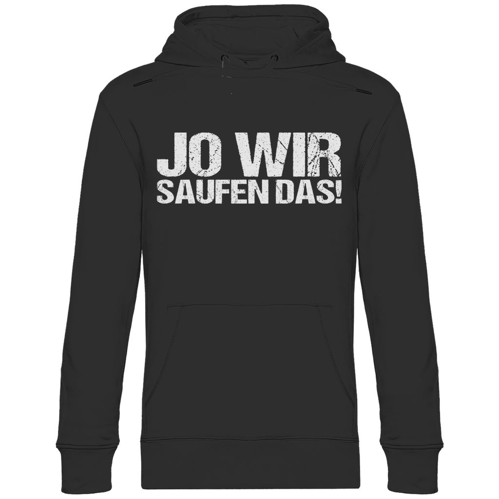 Schwarzer Unisex Hoodie mit JO WIR SAUFEN DAS! Aufdruck witzig für Party und Feiern, Frontansicht