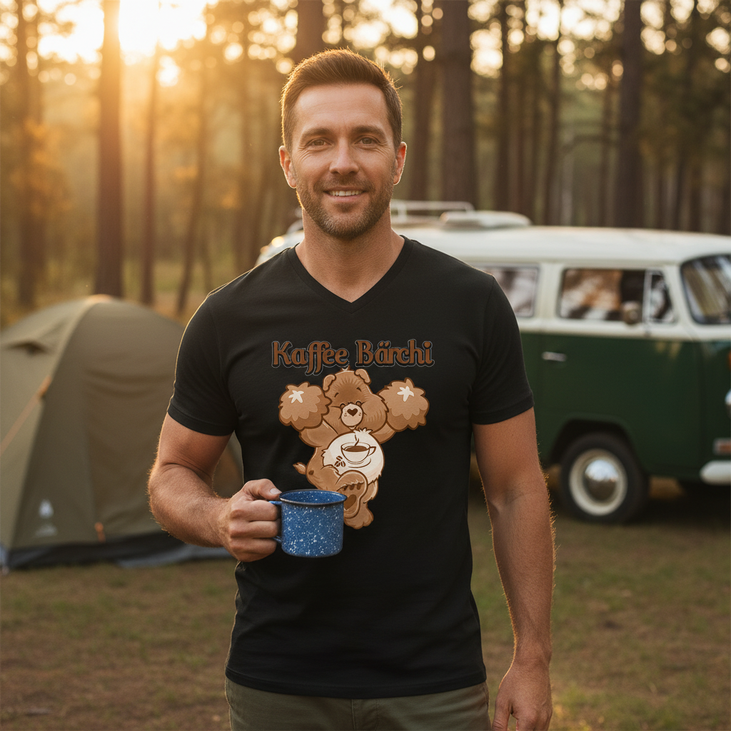 Camping Morgen mit Kaffeetasse Herren V-Neck Kaffee Bärchi Glücksbärchi Outdoor Natur Golden Hour