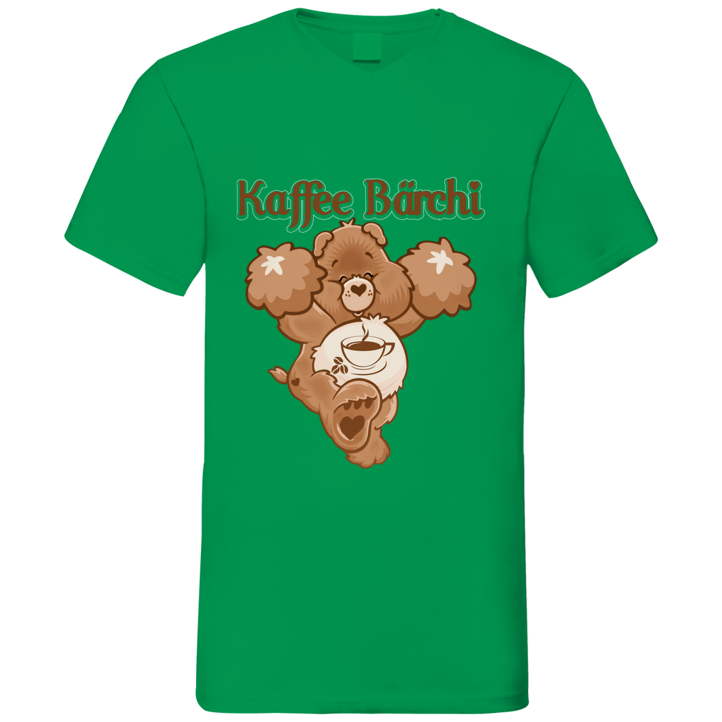 Kelly Green Herren V-Neck Shirt Kaffee Bärchi Koffein Shirt Glücksbärchi Parodie Frontansicht