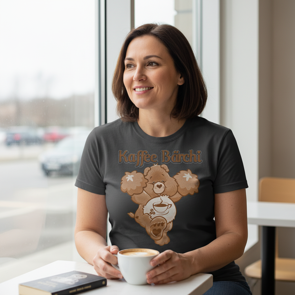 Ruhiger Kaffee-Moment am Fenster mit Glücksbärchi Kaffee Bärchi Damenshirt, Frau liest Buch im hellen Café