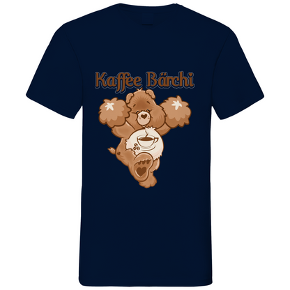 Navy Herren V-Neck Shirt mit Kaffee Bärchi Glücksbärchi Parodie Bär mit Kaffeetasse Frontansicht