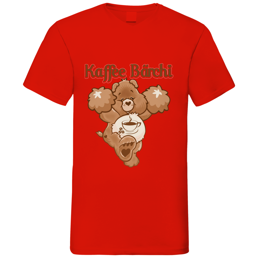 Rotes Herren V-Neck Shirt Kaffee Bärchi Morgenmuffel Shirt Glücksbärchi Bär Kaffeetasse Frontansicht