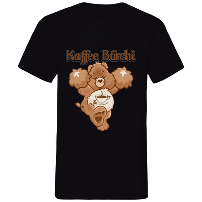 Schwarzes Herren V-Neck Shirt mit Kaffee Bärchi Aufdruck Glücksbärchi Parodie und Kaffeetasse Motiv Frontansicht