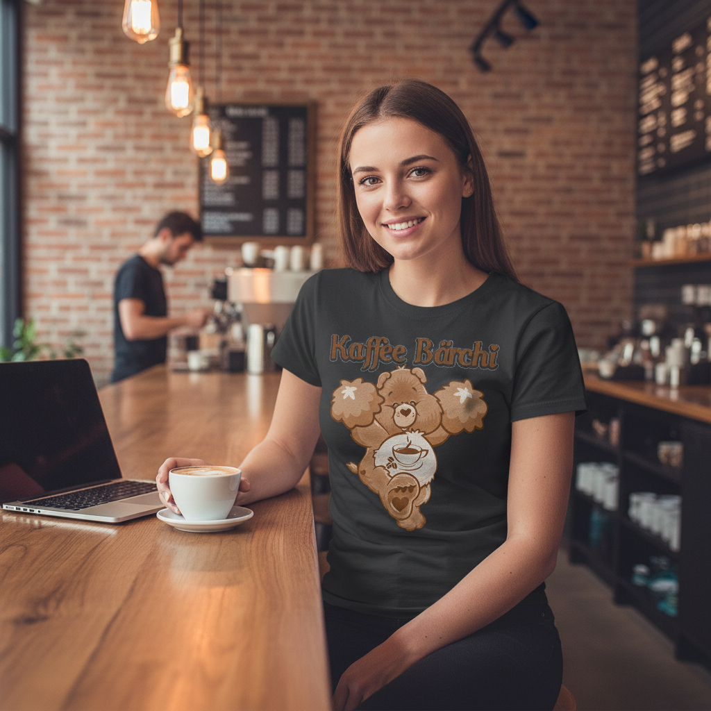 Junge Frau im Specialty Coffee Shop trägt Kaffee Bärchi Damenshirt mit Glücksbärchi Motiv, arbeitet am Laptop