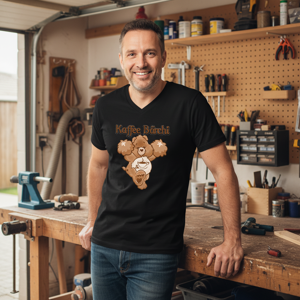 Kaffeepause in Werkstatt Mann trägt Kaffee Bärchi Shirt Glücksbärchi V-Neck Herren Garage Handwerker