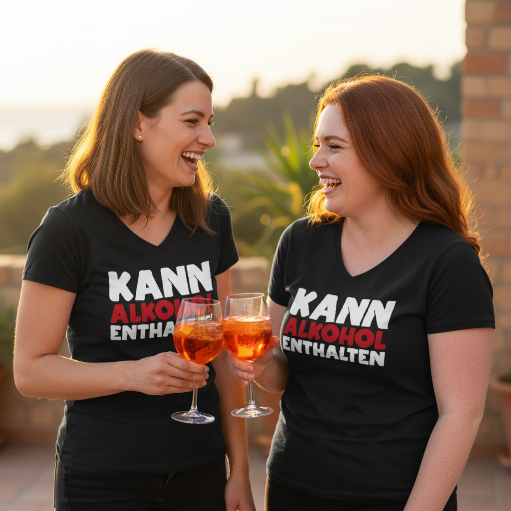 Zwei Frauen tragen das Kann Alkohol enthalten Shirt beim Aperitif auf der Terrasse mit Aperol Spritz