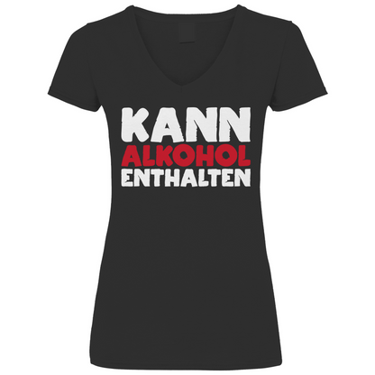 Schwarzes Damen V-Neck Shirt mit KANN ALKOHOL ENTHALTEN Aufdruck witzig für Party, Frontansicht