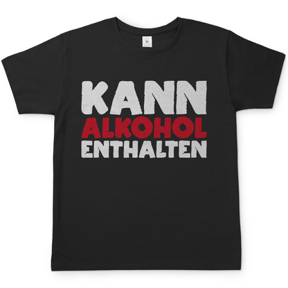 Schwarzes Herren Shirt mit Kann Alkohol enthalten Spruch witzig für Party und Biergarten, Frontansicht