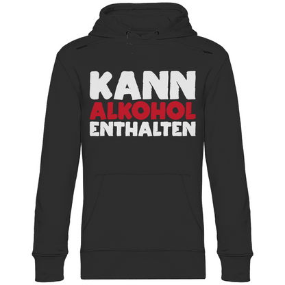 Schwarzer Unisex Hoodie mit KANN ALKOHOL ENTHALTEN Spruch in weiß und rot, Frontansicht