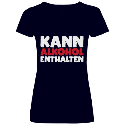 Navy blaues V-Ausschnitt Shirt Frauen mit Kann Alkohol enthalten Spruch humorvoll, Frontansicht