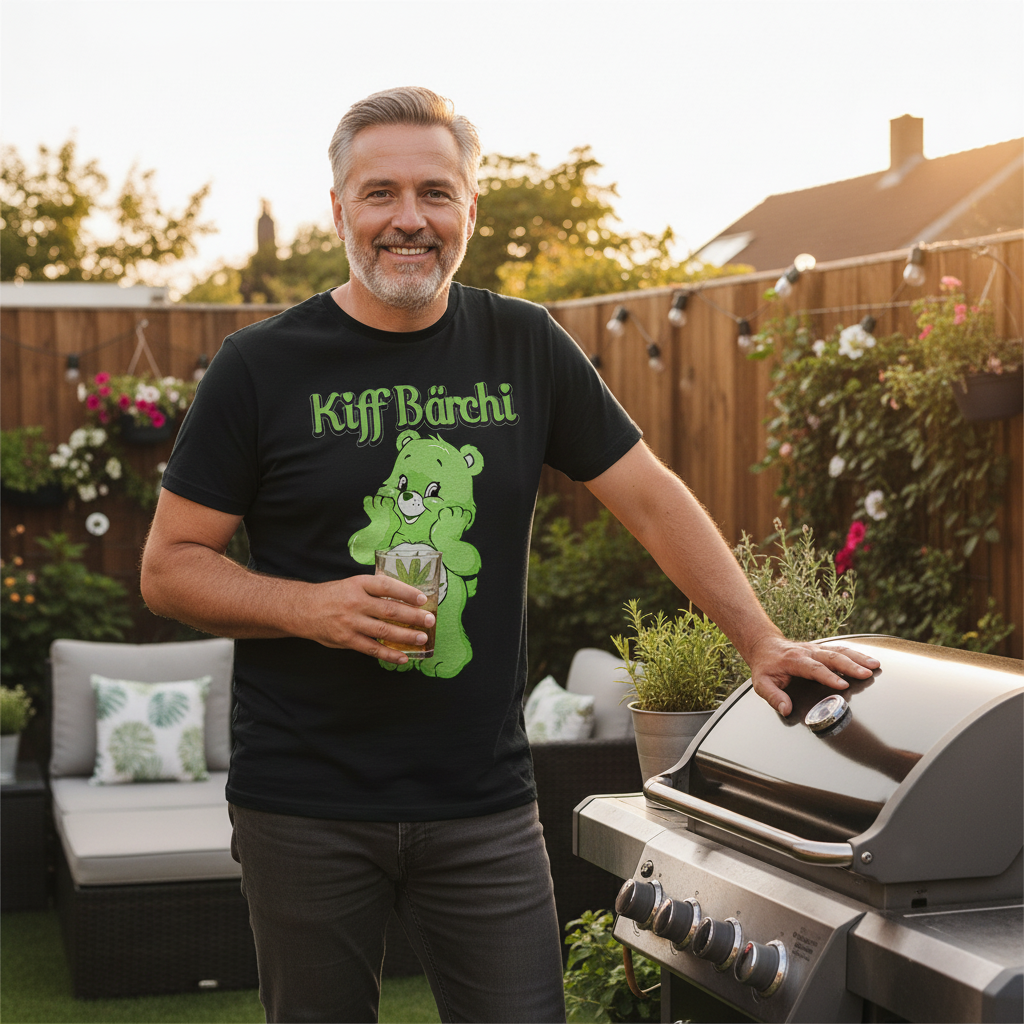 Sommerlicher Grillabend im Garten, Kiff Bärchi Herren Shirt bei entspannter Atmosphäre mit Getränk in der Hand