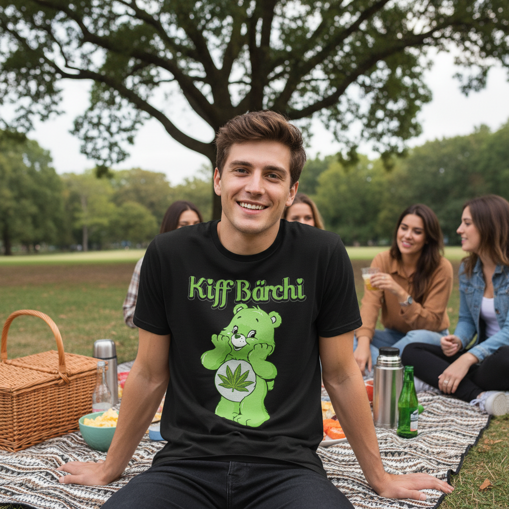Entspannter Nachmittag im Park mit Kiff Bärchi Shirt, junger Mann chillt auf Picknickdecke unter Bäumen
