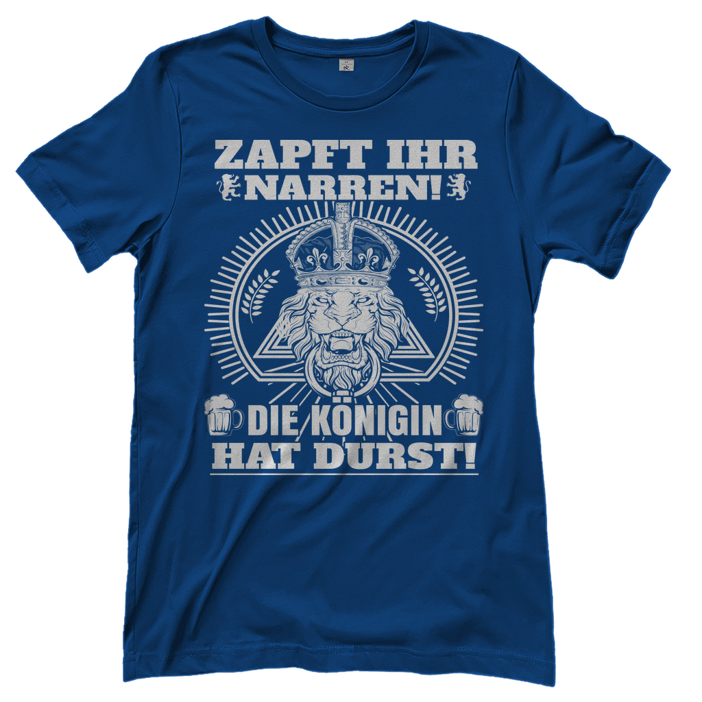 Royal Blue Frauen Shirt mit Königin hat Durst Design für Oktoberfest und Bierfest, Frontansicht