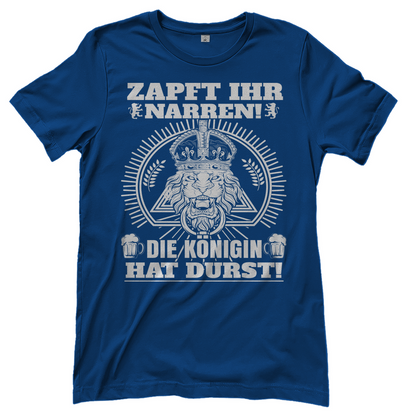 Royal Blue Frauen Shirt mit Königin hat Durst Design für Oktoberfest und Bierfest, Frontansicht