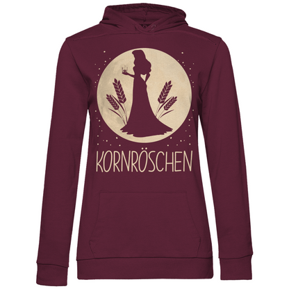 Weinroter Damen Hoodie mit Kornröschen Design witzig für JGA und Mädelsabend, Frontansicht