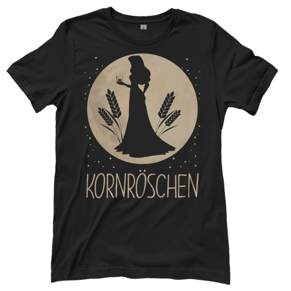 Schwarzes Damen T-Shirt mit KORNRÖSCHEN Design Mond Prinzessin golden, Frontansicht