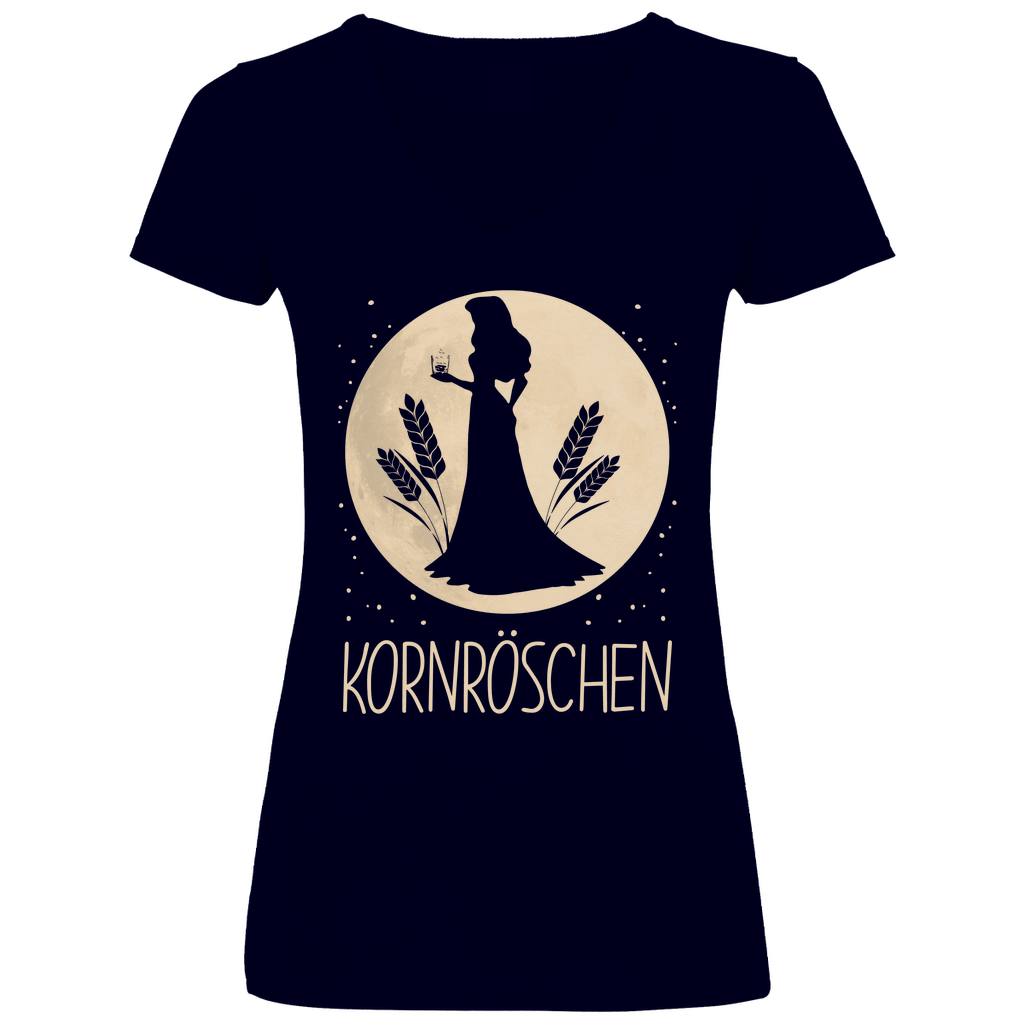 Marineblaues Damenshirt mit Kornröschen Dornröschen Parodie und V-Ausschnitt bayerisch, Frontansicht