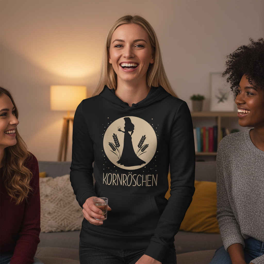 Eine Frau trägt den schwarzen Kornröschen Hoodie beim Mädelsabend zuhause mit Korn