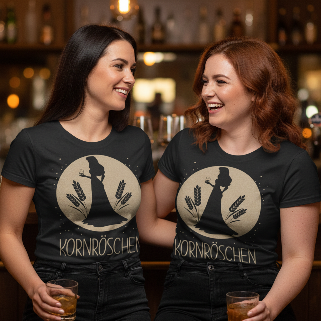 Zwei Frauen tragen das Kornröschen Shirt beim Mädelsabend in Cocktailbar und halten Drinks
