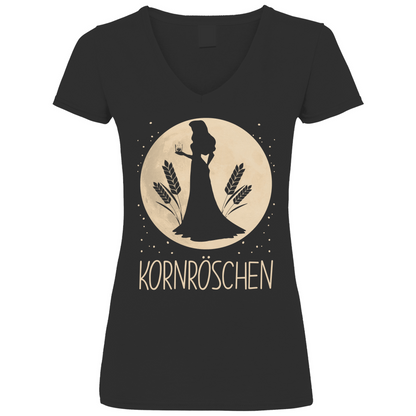 Schwarzes Damen V-Neck Shirt mit KORNRÖSCHEN Mond Prinzessin Motiv märchenhaft, Frontansicht