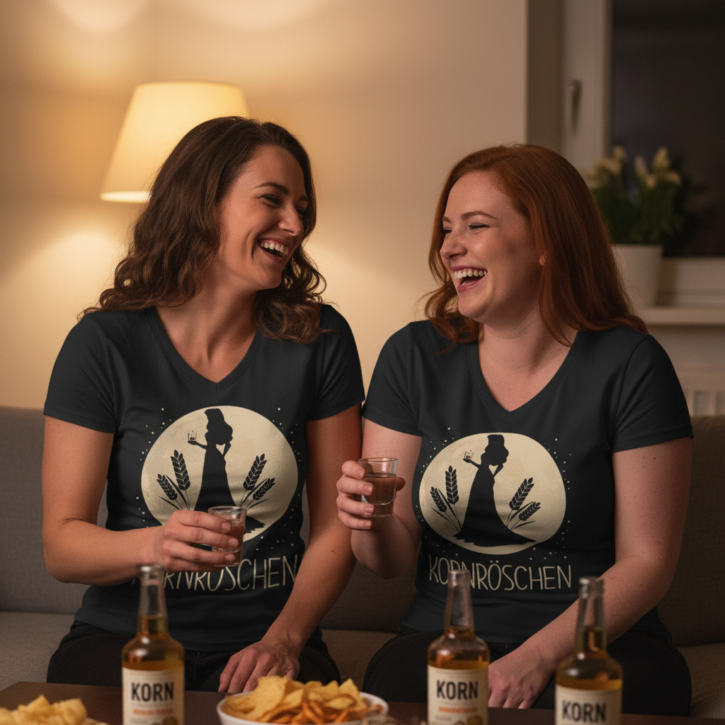 Zwei Frauen tragen KORNRÖSCHEN Shirts im Partnerlook beim Mädelsabend zuhause mit Schnapsgläsern