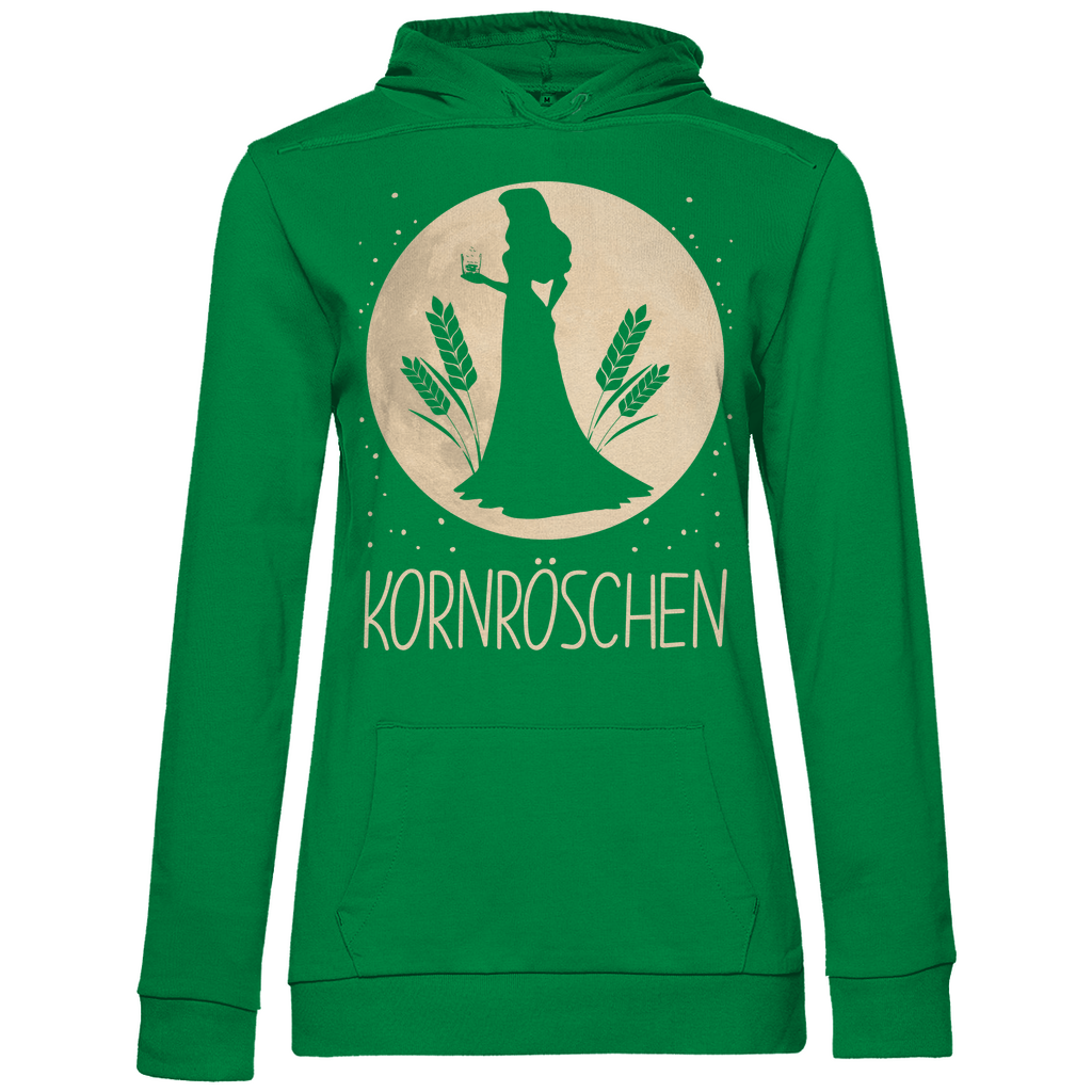 Kelly grüner Pullover Damen mit KORNRÖSCHEN Schnaps Humor Design, Frontansicht