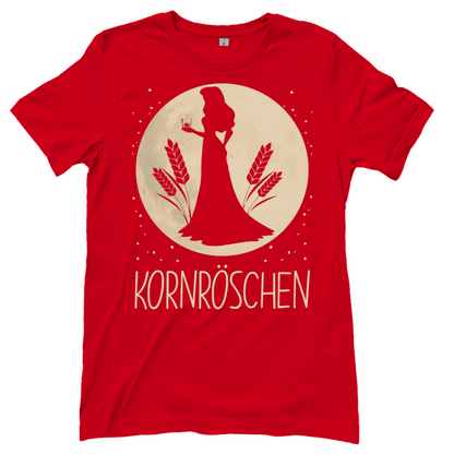 Rotes Kornröschen Shirt Damen mit Märchen-Parodie Design golden und Weizenähren, Frontansicht