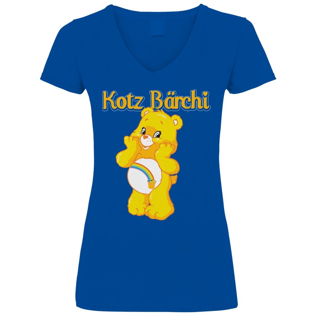 Royal blaues Damen V-Neck Shirt mit Kotz Bärchi Aufdruck und Glücksbärchi Parodie, Frontansicht