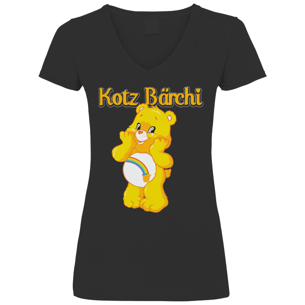 Schwarzes Damen V-Neck Shirt mit Kotz Bärchi Aufdruck und Glücksbärchi Parodie, Frontansicht