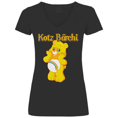 Schwarzes Damen V-Neck Shirt mit Kotz Bärchi Aufdruck und Glücksbärchi Parodie, Frontansicht
