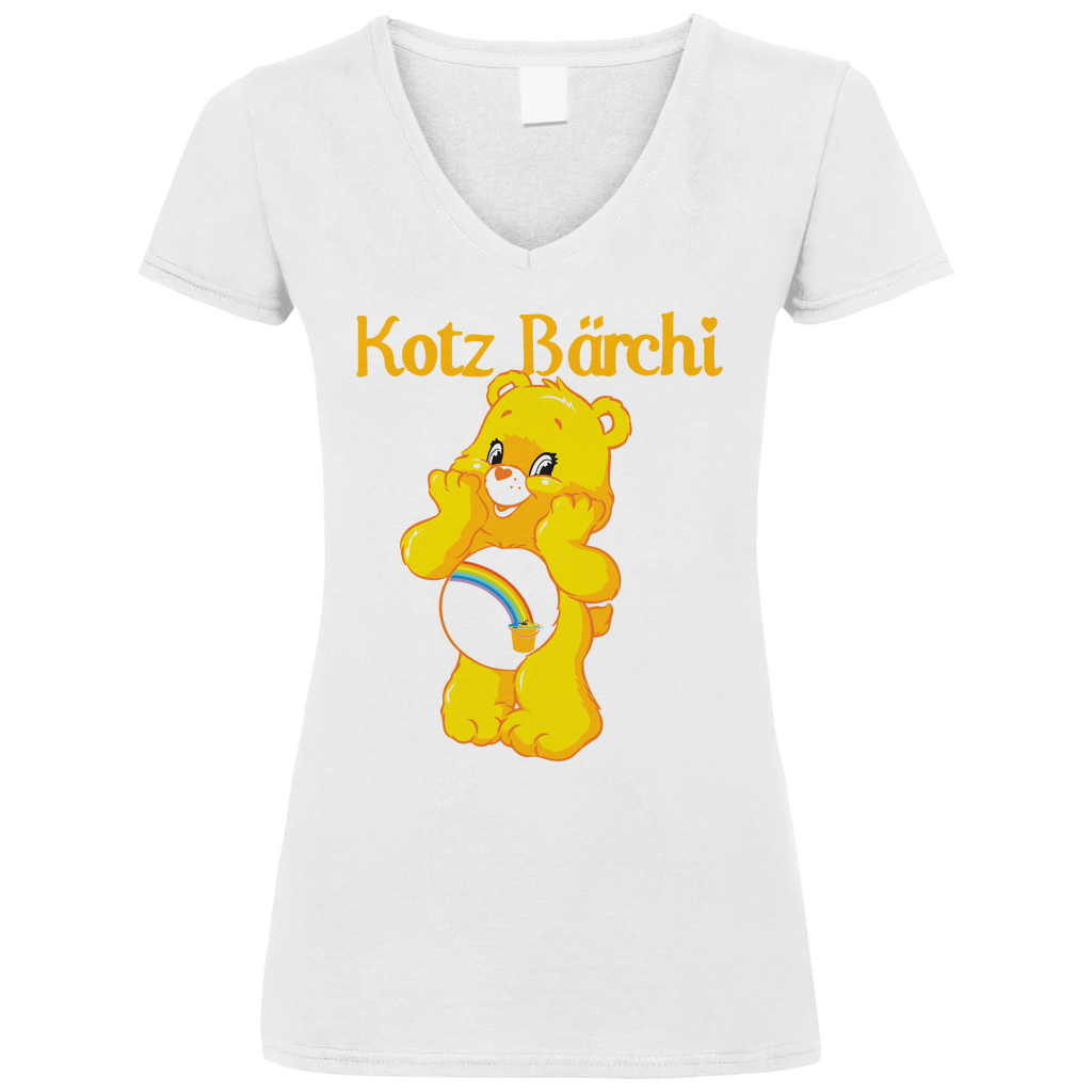 Weißes Damen V-Neck Shirt mit Kotz Bärchi Aufdruck und Glücksbärchi Parodie, Frontansicht
