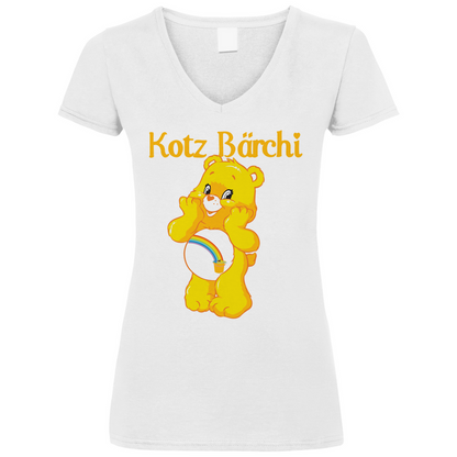 Weißes Damen V-Neck Shirt mit Kotz Bärchi Aufdruck und Glücksbärchi Parodie, Frontansicht