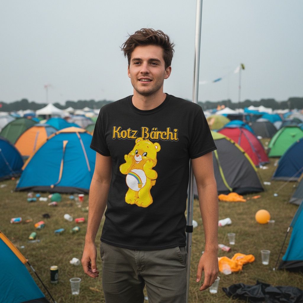 Junger Mann trägt Kotz Bärchi Shirt auf Festival-Campingplatz am Morgen, Zelte im Hintergrund