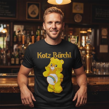 Mann mit Kotz Bärchi Herren Shirt lehnt entspannt am Tresen einer Kneipe, Zapfhähne sichtbar