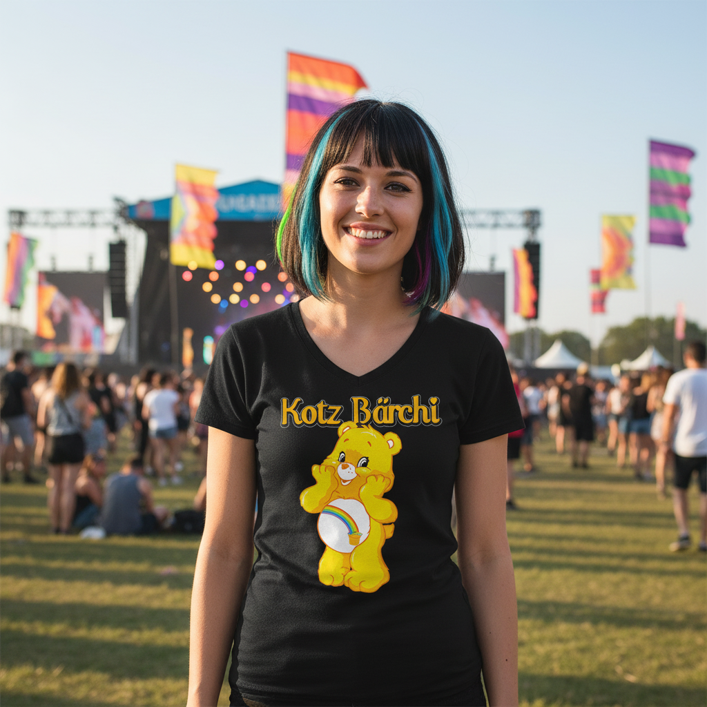 Festival-Vibes mit Kotz Bärchi V-Neck Shirt, Bühne und bunte Fahnen im Hintergrund