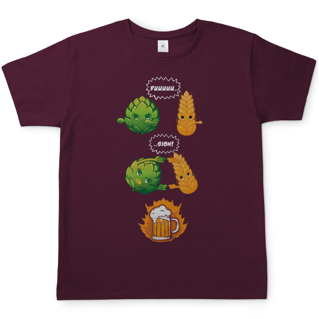 Burgundy rotes Kultshirt mit Bier Fusion Dragonball Z Hopfen Malz Design, Frontansicht