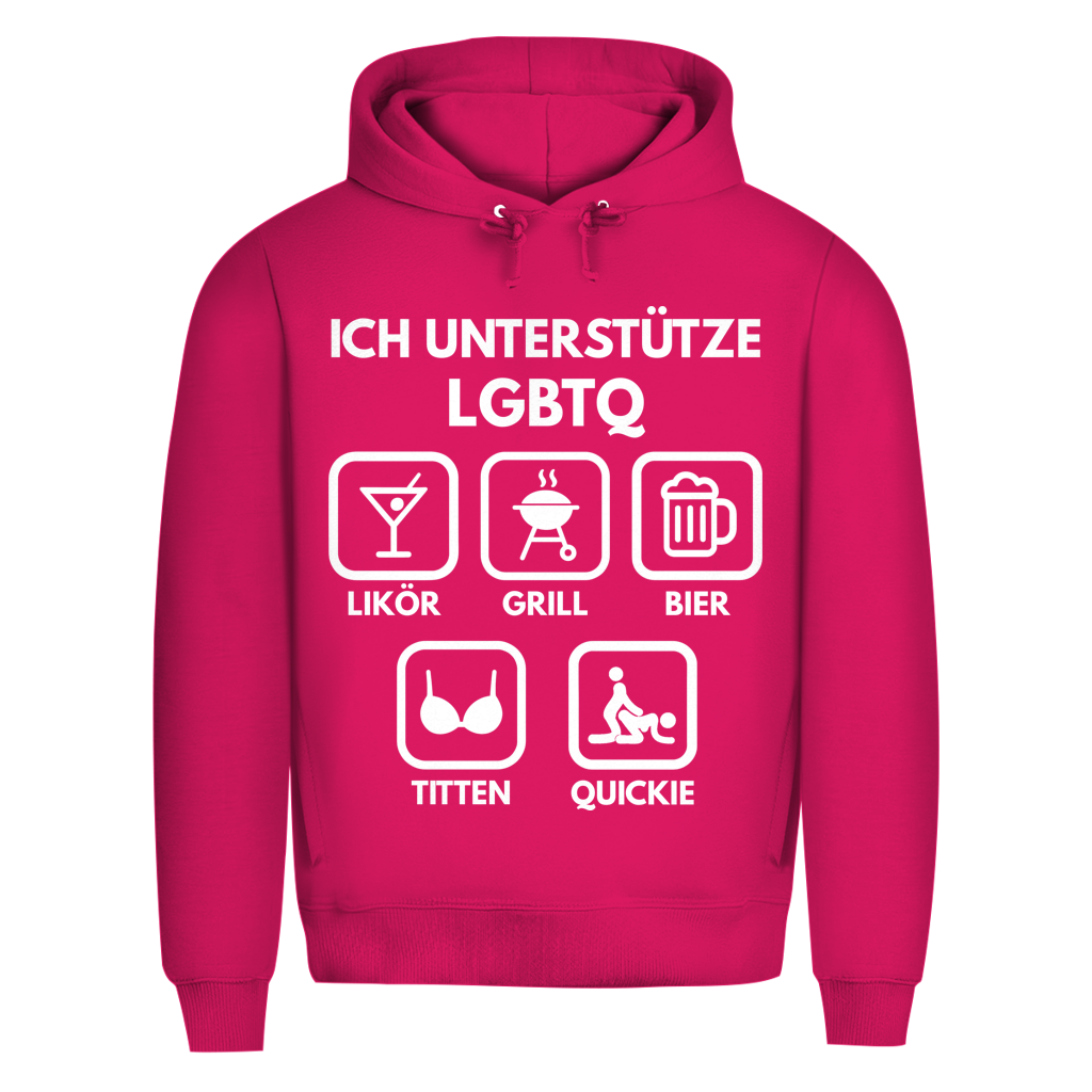 ICH UNTERSTÜTZE LGBTQ – Likör, Grill, Bier, Titten, Quickie – Herren Premium Bio Hoodie Magenta Pink