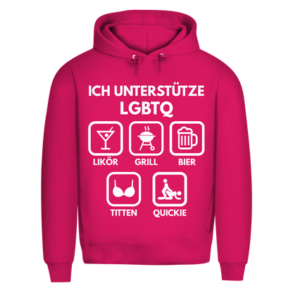 ICH UNTERSTÜTZE LGBTQ – Likör, Grill, Bier, Titten, Quickie – Herren Premium Bio Hoodie Magenta Pink
