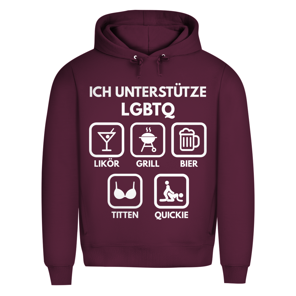 ICH UNTERSTÜTZE LGBTQ – Likör, Grill, Bier, Titten, Quickie – Herren Premium Bio Hoodie Burgundy