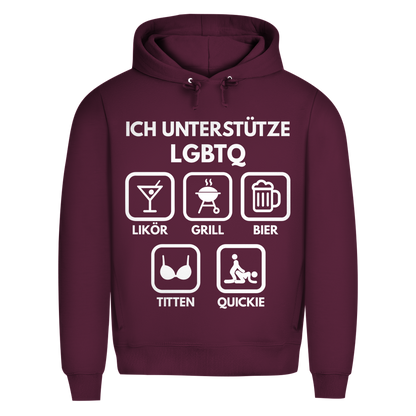 ICH UNTERSTÜTZE LGBTQ – Likör, Grill, Bier, Titten, Quickie – Herren Premium Bio Hoodie Burgundy