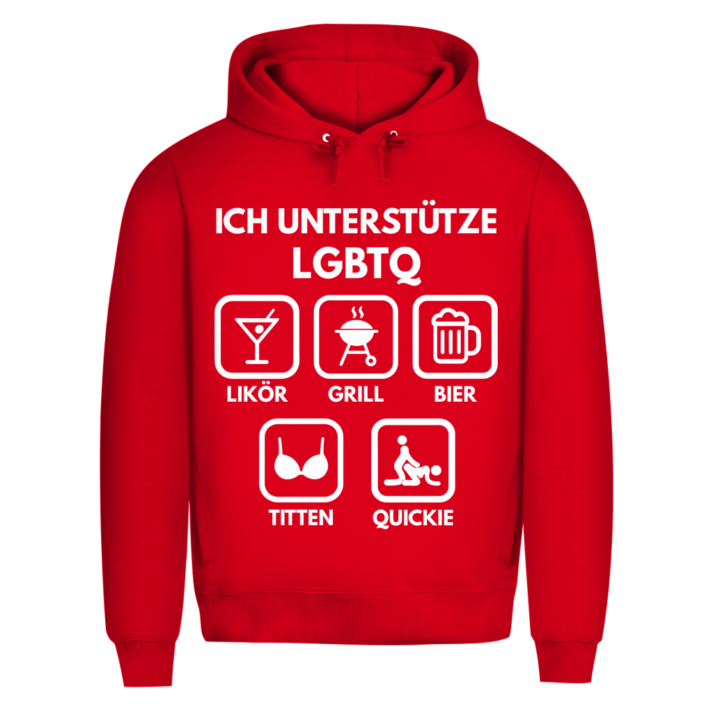 ICH UNTERSTÜTZE LGBTQ – Likör, Grill, Bier, Titten, Quickie – Herren Premium Bio Hoodie Red