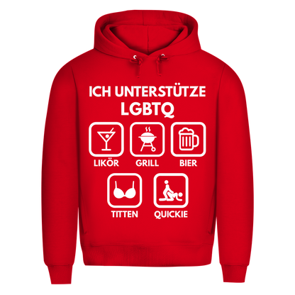 ICH UNTERSTÜTZE LGBTQ – Likör, Grill, Bier, Titten, Quickie – Herren Premium Bio Hoodie Red