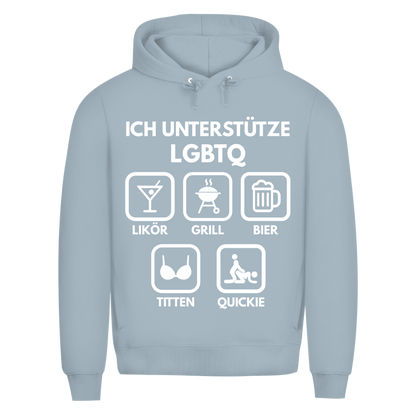 ICH UNTERSTÜTZE LGBTQ – Likör, Grill, Bier, Titten, Quickie – Herren Premium Bio Hoodie Blue Fog