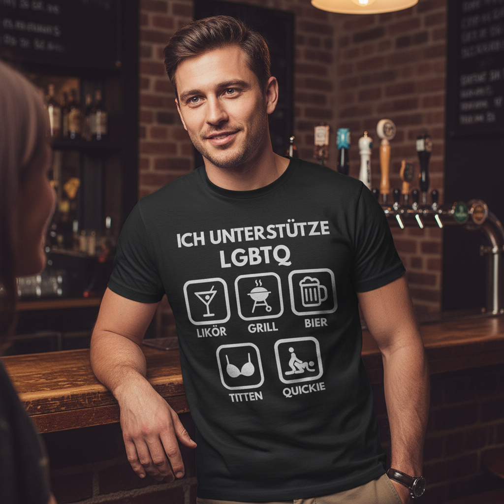 ICH UNTERSTÜTZE LGBTQ – Likör, Grill, Bier, Titten, Quickie – Herren Premium Bio T-Shirt