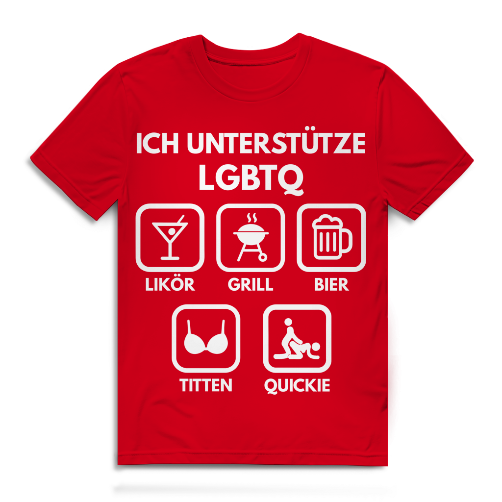 ICH UNTERSTÜTZE LGBTQ – Likör, Grill, Bier, Titten, Quickie – Herren Premium Bio T-Shirt Red