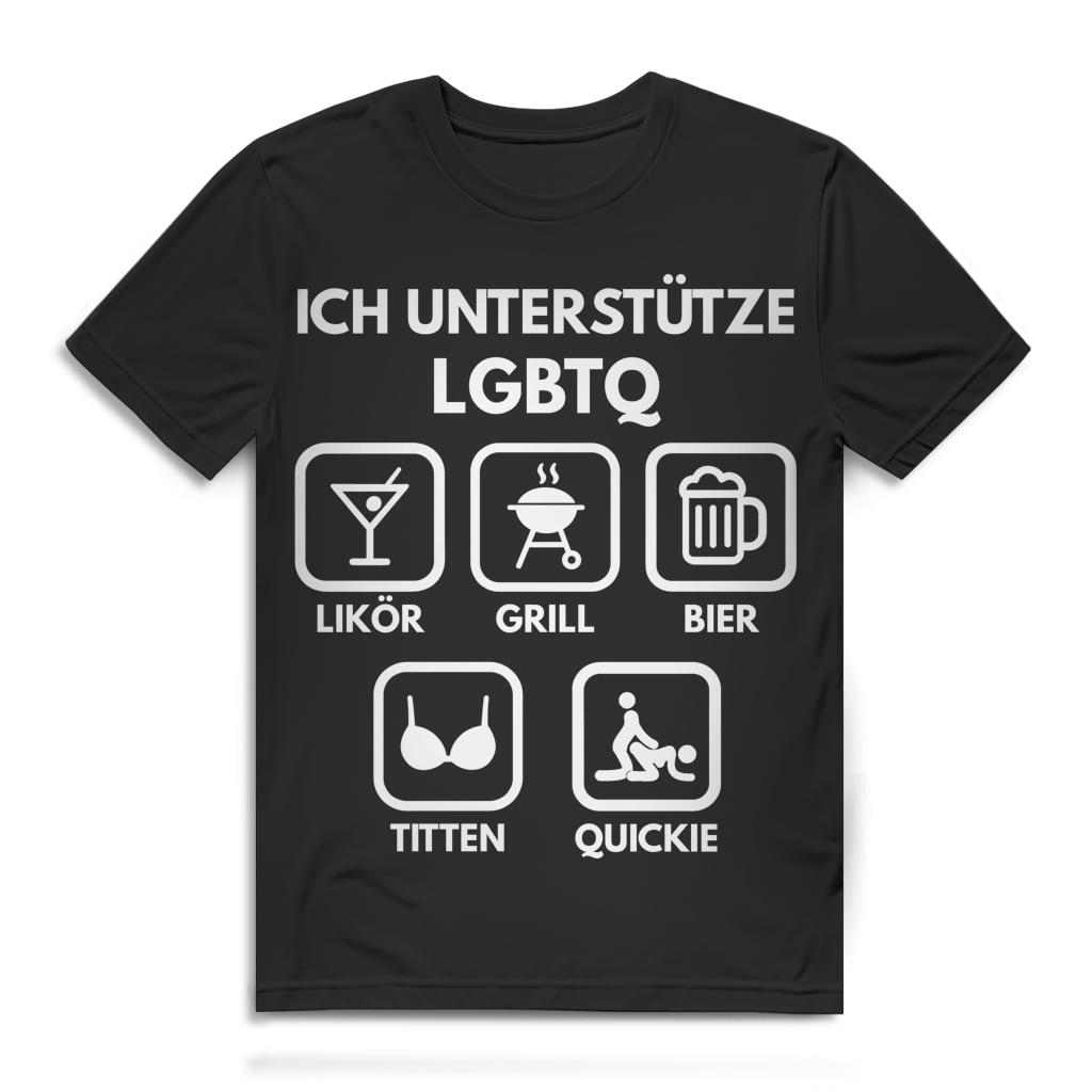 ICH UNTERSTÜTZE LGBTQ – Likör, Grill, Bier, Titten, Quickie – Herren Premium Bio T-Shirt Black