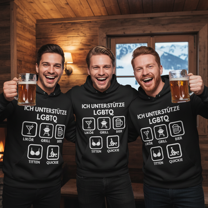 ICH UNTERSTÜTZE LGBTQ – Likör, Grill, Bier, Titten, Quickie – Herren Premium Bio Hoodie