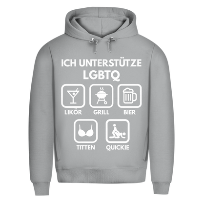 ICH UNTERSTÜTZE LGBTQ – Likör, Grill, Bier, Titten, Quickie – Herren Premium Bio Hoodie Heather Grey