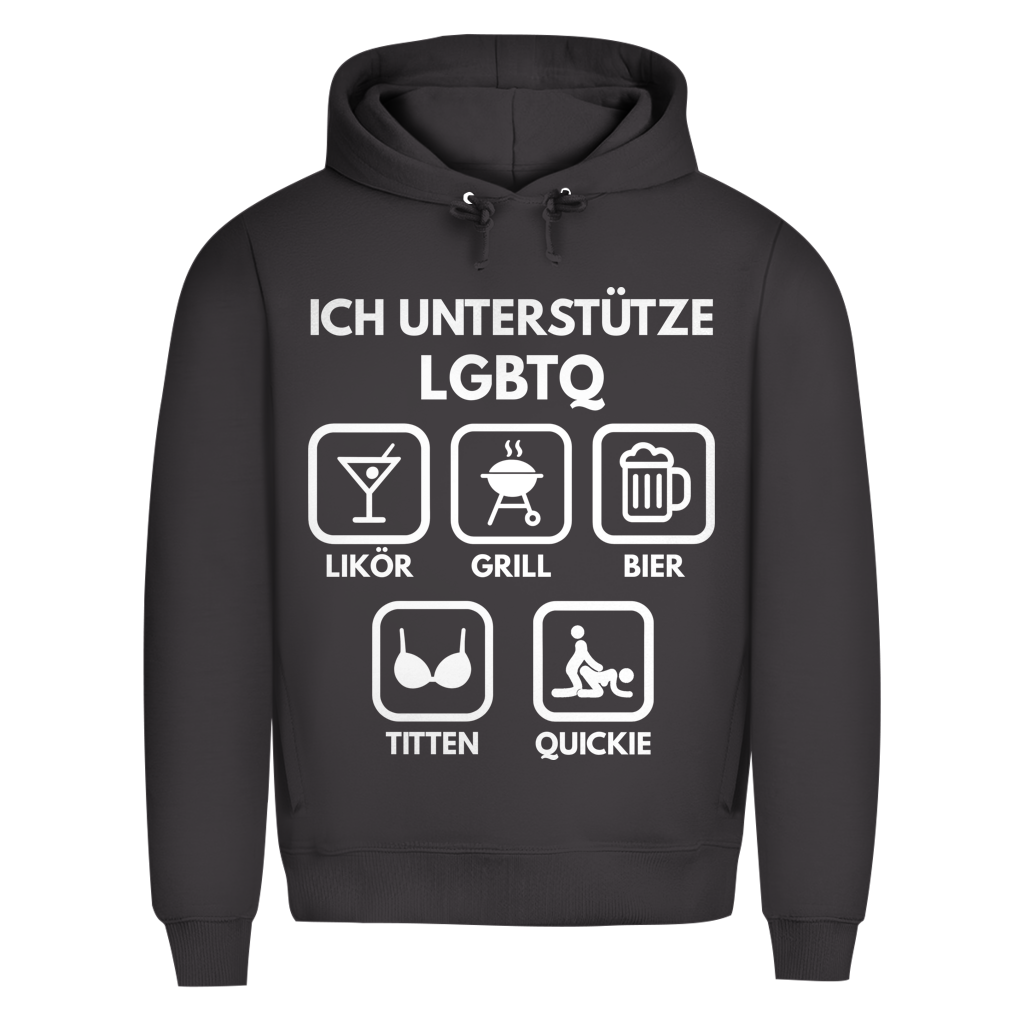 ICH UNTERSTÜTZE LGBTQ – Likör, Grill, Bier, Titten, Quickie – Herren Premium Bio Hoodie Asphalt