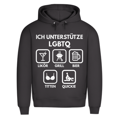 ICH UNTERSTÜTZE LGBTQ – Likör, Grill, Bier, Titten, Quickie – Herren Premium Bio Hoodie Asphalt